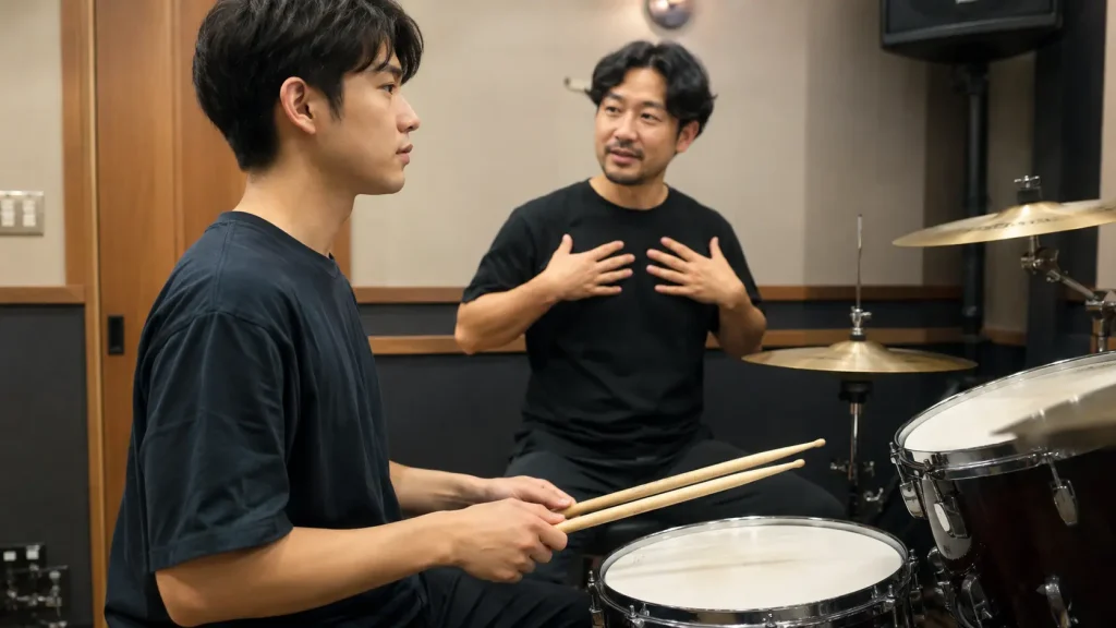 ドラムの前で肩や腕の余分な力を抜きフォームを確認する初心者