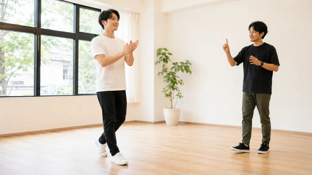 音楽に合わせて歩きながら手拍子で2拍目と4拍目を確認する練習