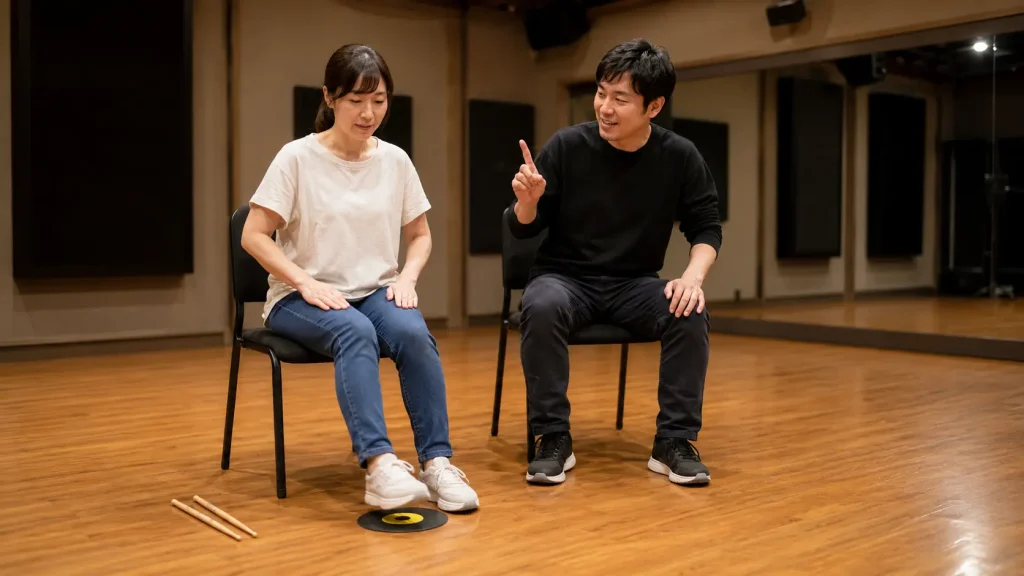 椅子に座り太ももを使って両手と右足の順番を練習する初心者
