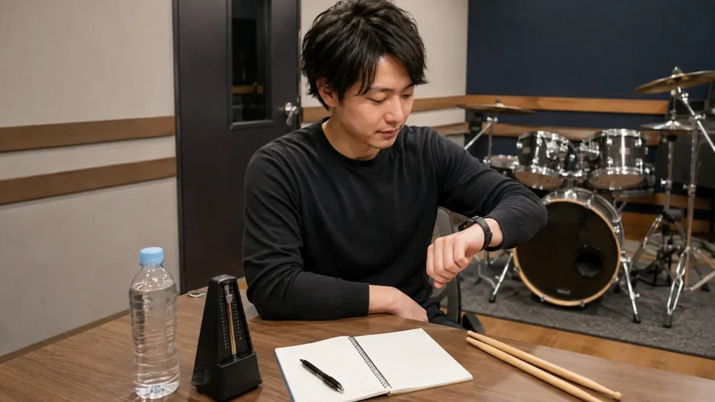 ドラム練習のテンポと休憩を記録し無理のない練習計画を立てる様子