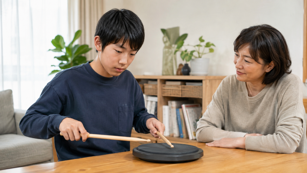 自宅で練習パッドを使って静かにリズム練習をする子ども