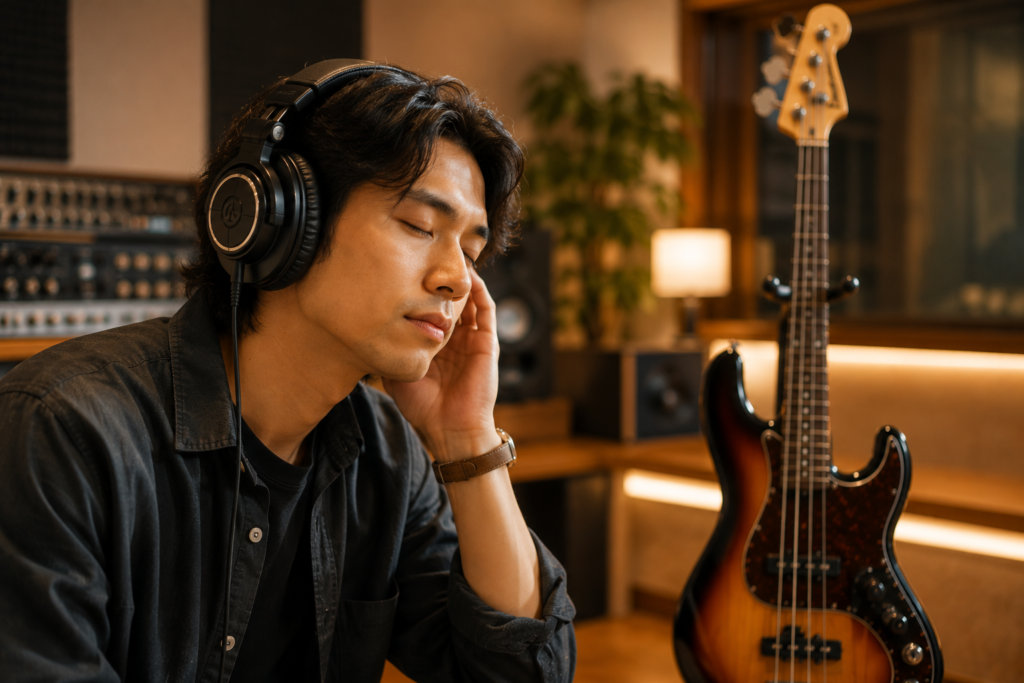 スタジオでヘッドホンを装着し、ベースのルート音をイメージしながら音楽を聴き込む様子