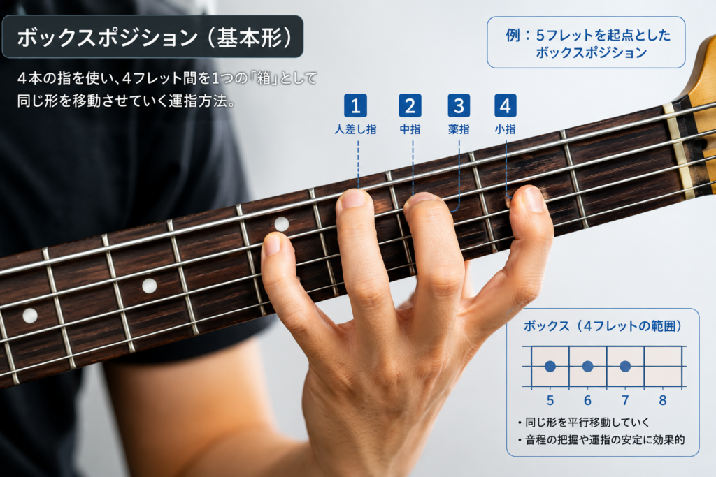 ベースの指板上で指の形（ボックスポジション）を作って視覚的にフレーズを覚える左手のフォーム