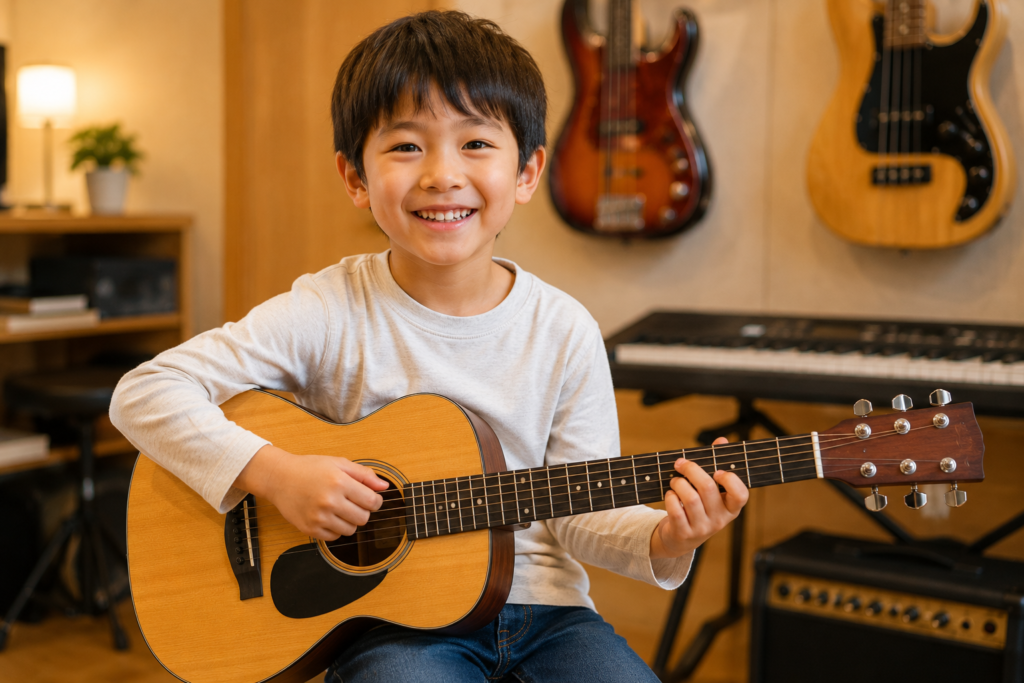 千歳烏山のギター教室で新しい習い事としてギターを始め、笑顔で楽器を持つ小学生の初心者のお子さま。