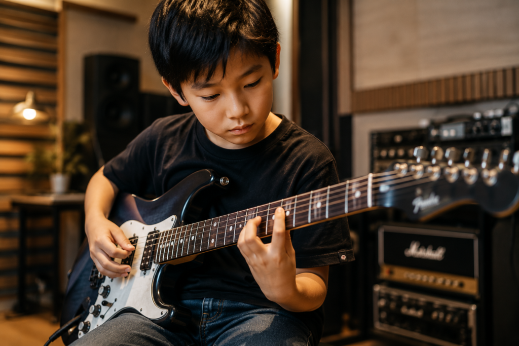 ギタースクールで集中してフレーズを練習し、音楽を通じて表現力やリズム感を養う小学生のギターレッスン風景。