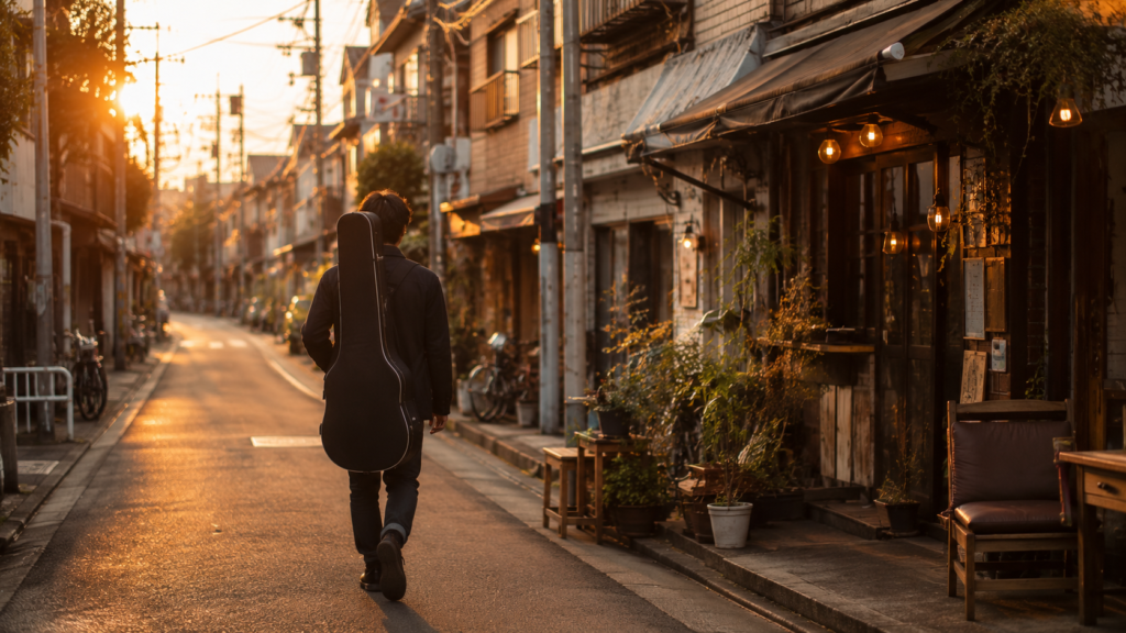 音楽カルチャーが根付く中央線沿線・西荻窪の街並みとギターを背負う若者