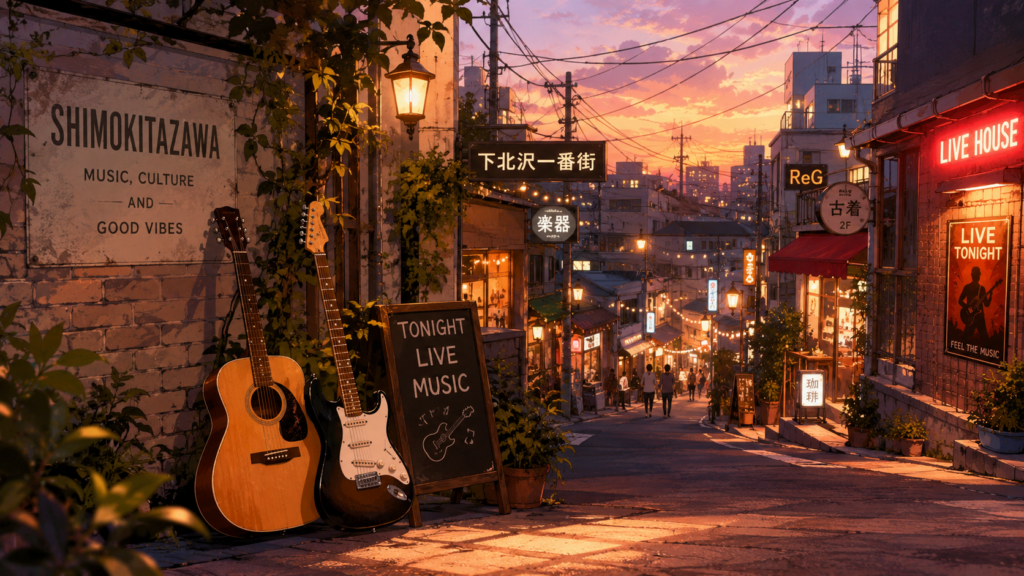下北沢の夕暮れ時の街並みに立てかけられた、アコースティックギターとエレキギターのイラスト