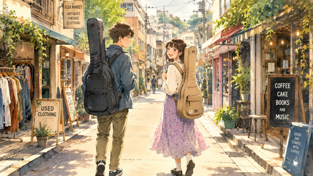 ギターケースを背負って下北沢のおしゃれな路地を笑顔で歩く、習い事に向かう男女のイラスト