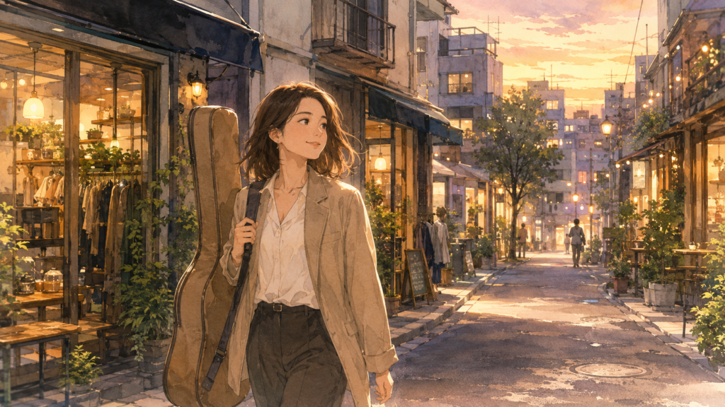 仕事帰りにギターケースを背負って下北沢の街を笑顔で歩く、大人の女性のイラスト
