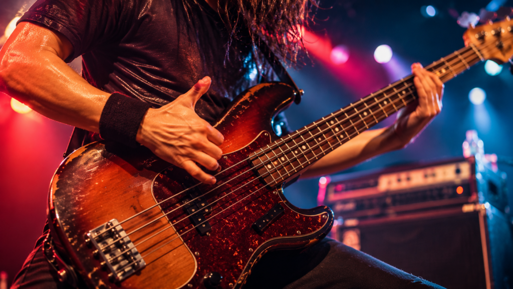 スラップベースがかっこいいロックバンドのライブパフォーマンスのイメージ