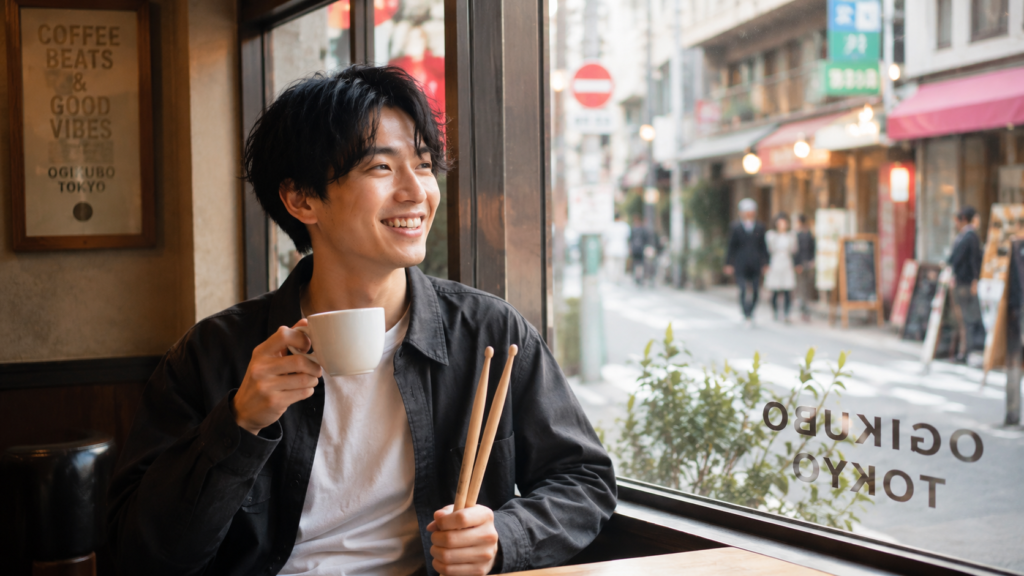 荻窪のカフェでドラムレッスンの前後にリラックスする生徒のイメージ