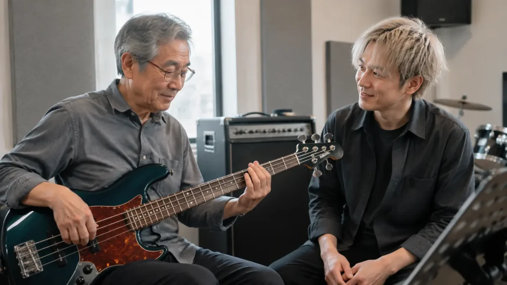 新宿の音楽スタジオでシニア初心者が穏やかにベースを学ぶ体験レッスンのイメージ
