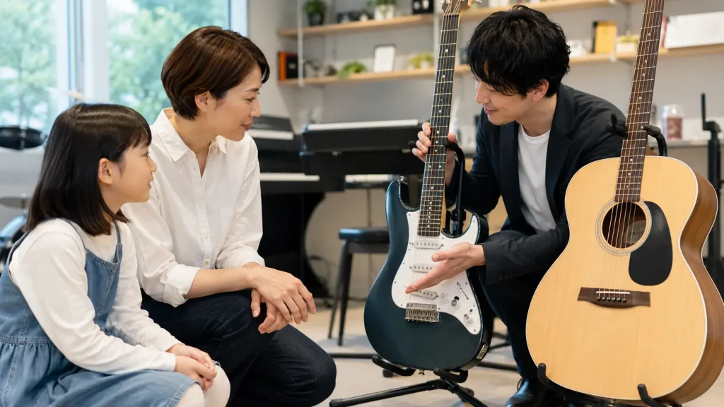子どもがエレキギターと小ぶりなアコースティックギターを比較する様子