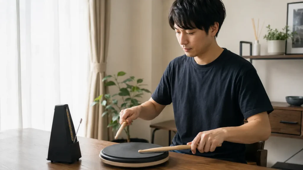 自宅で練習パッドを使い静かにドラムの基礎練習をする初心者