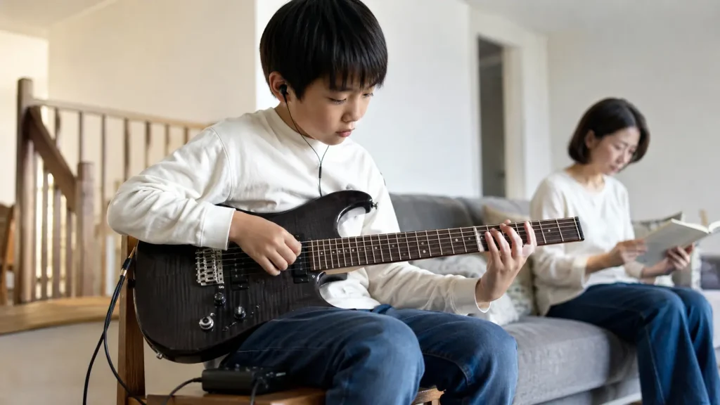子どもが自宅で小さな音量でギターの指使いを練習する様子