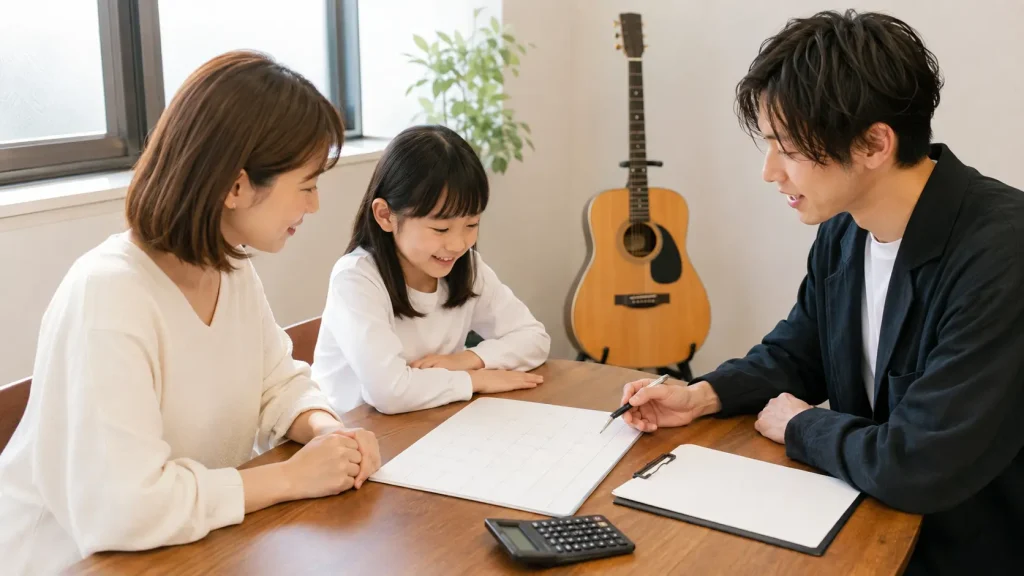 調布の子ども向けギター教室で料金と通い方を相談する親子