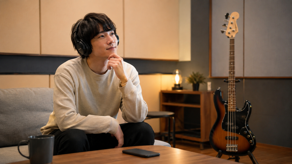 好きな曲を聴きながら自分に合うベースの奏法を考える初心者