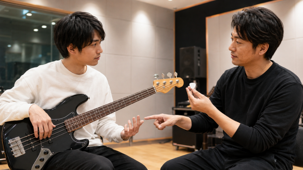 講師と相談しながら指弾きとピック弾きの向き不向きを確認する初心者