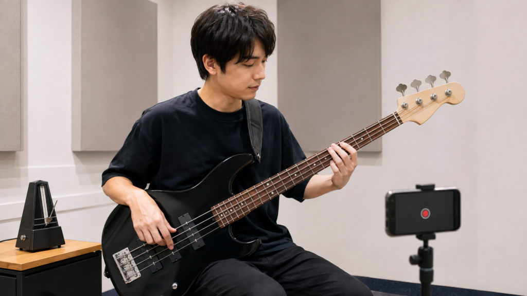 メトロノームと録音を使って4弦ベースの音を確認する初心者