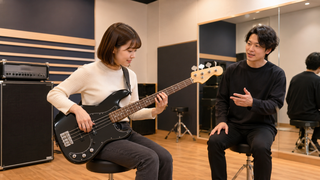 下北沢の音楽スタジオで初心者がマンツーマンのベースレッスンを受ける様子