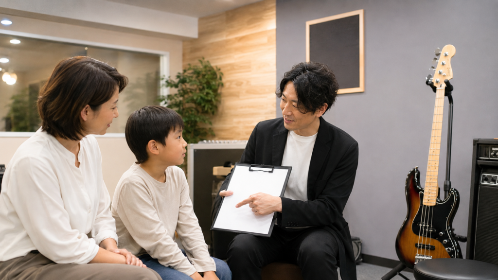  子どもと保護者がベース教室のレッスン内容を講師に相談する様子