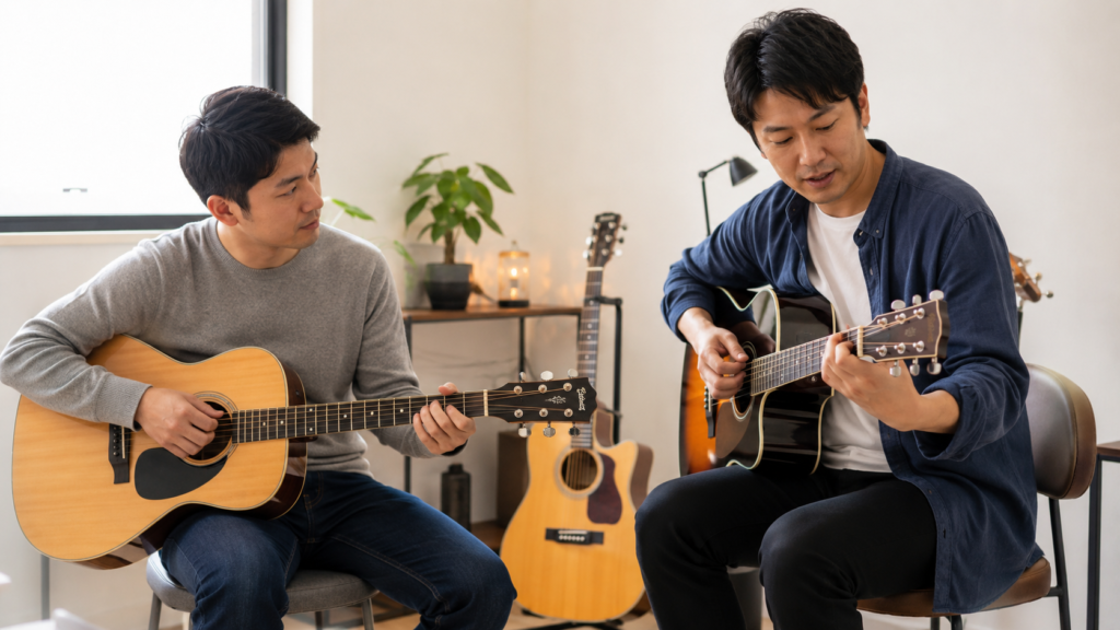 ギター講師の実演を見ながら相性を確認する初心者