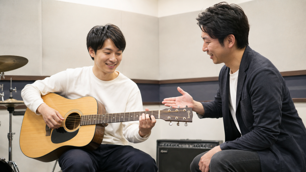 千歳烏山で初心者がギターの体験レッスンを受ける様子