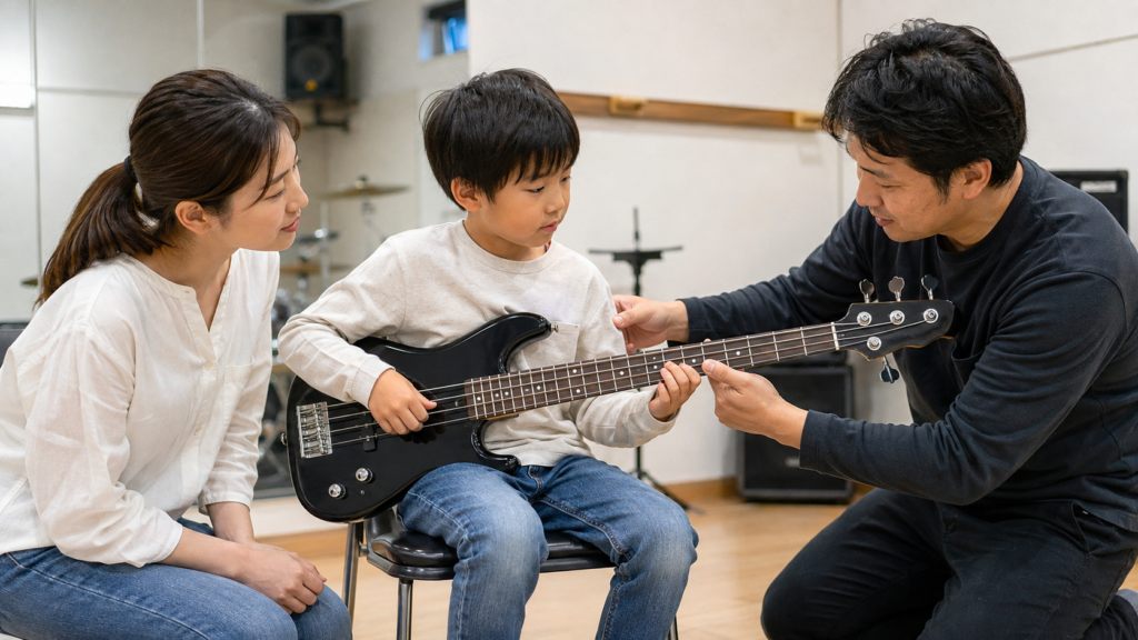 講師と保護者が子どもの体格に合うベースの構え方を確認する様子