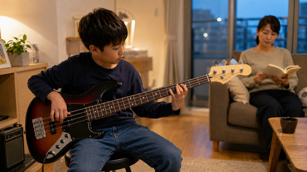 子どもが自宅で小さな音量でベースの指使いを練習する様子