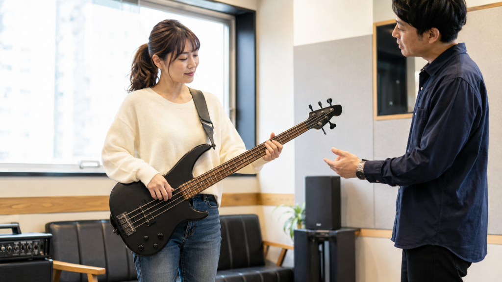 大人の女性が身体に合う軽量なベースを講師と確認する様子