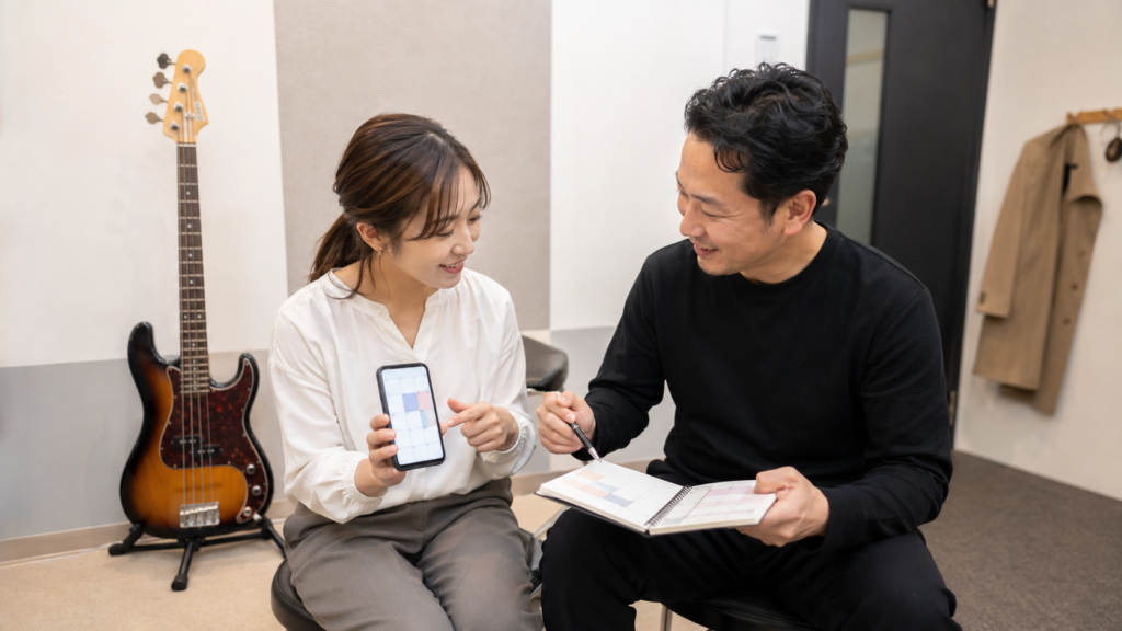 社会人が仕事の予定表を見ながら次回のベースレッスンを予約する様子