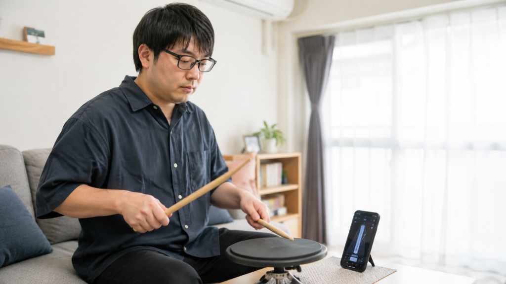 自宅で練習パッドとメトロノームを使ってドラムの基礎練習をする大人初心者