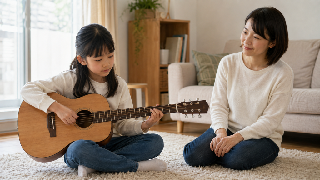 自宅で短時間のギター練習を見守る保護者