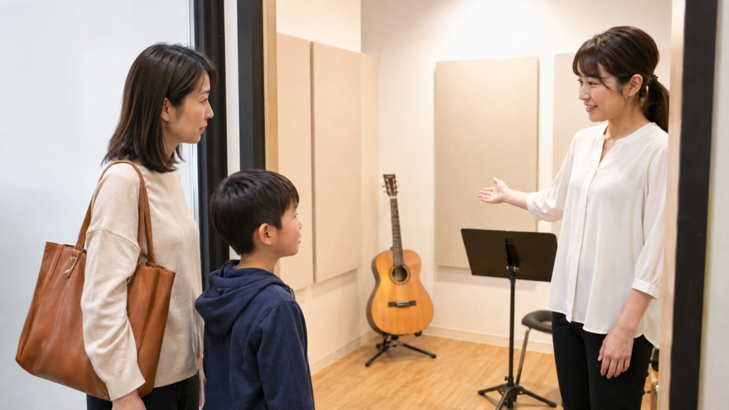 子ども向けギター教室を見学する保護者と小学生