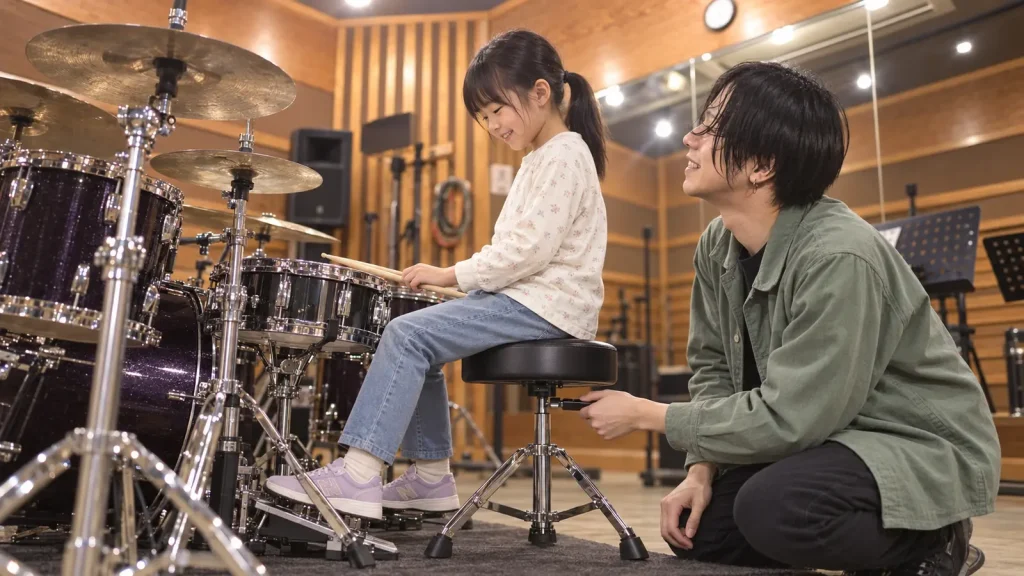 坂本龍一講師が小学生の体格に合わせてドラム椅子を調整する様子