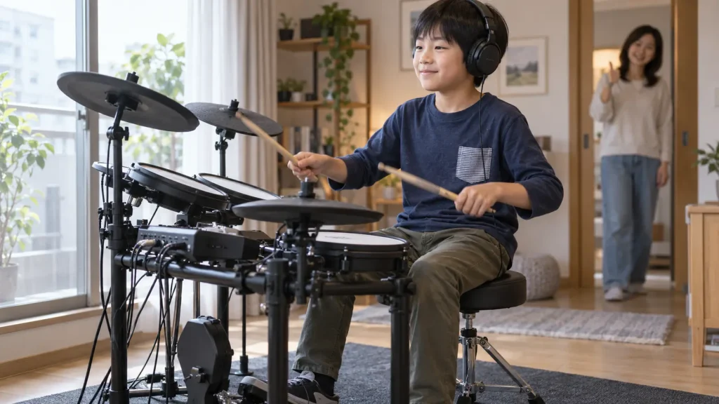 自宅でヘッドホンを着けて電子ドラムを練習する小学生