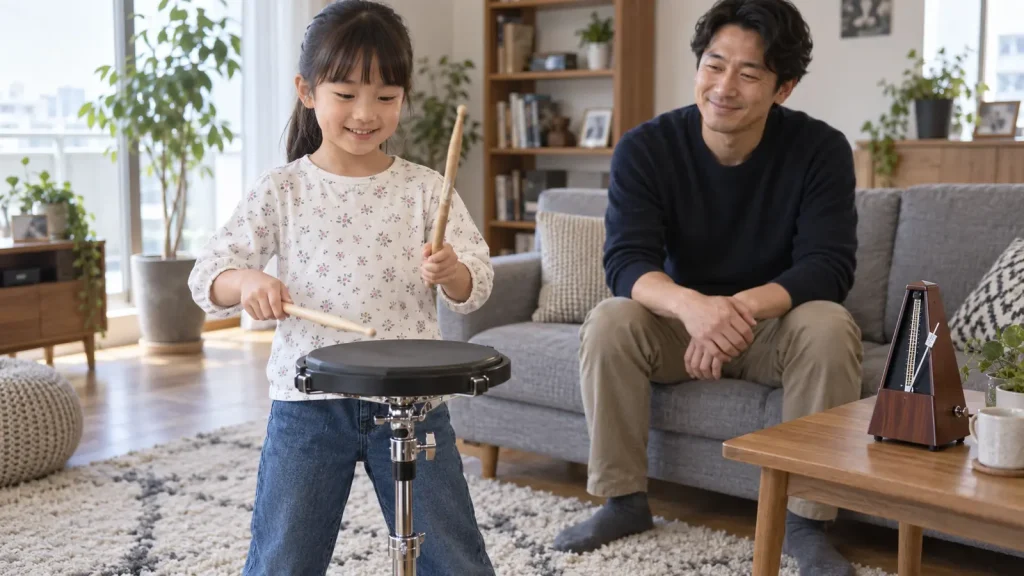 保護者が見守る中で練習パッドを叩く小学生
