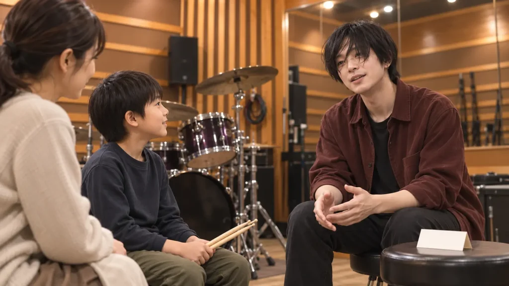坂本龍一講師へレッスン内容を相談する子どもと保護者