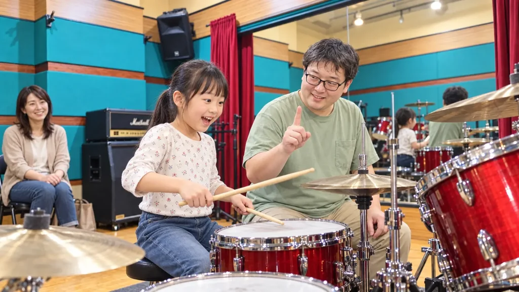 ピクミン講師の合図で初めての一音を鳴らす小学生と見守る保護者
