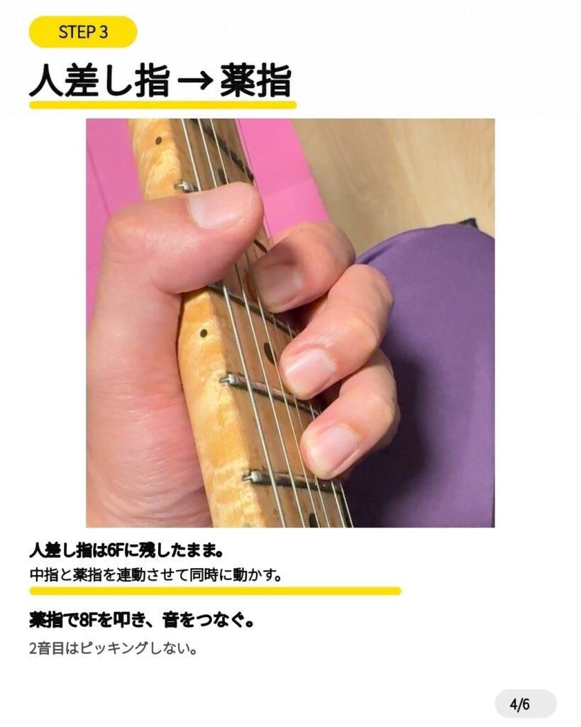 人差し指を6フレットに残し、薬指で8フレットを押さえるハンマリング