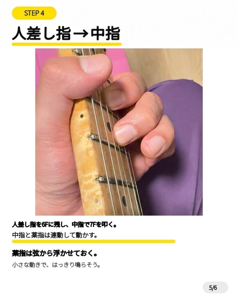 人差し指を6フレットに残し、中指で7フレットを押さえるギターの左手
