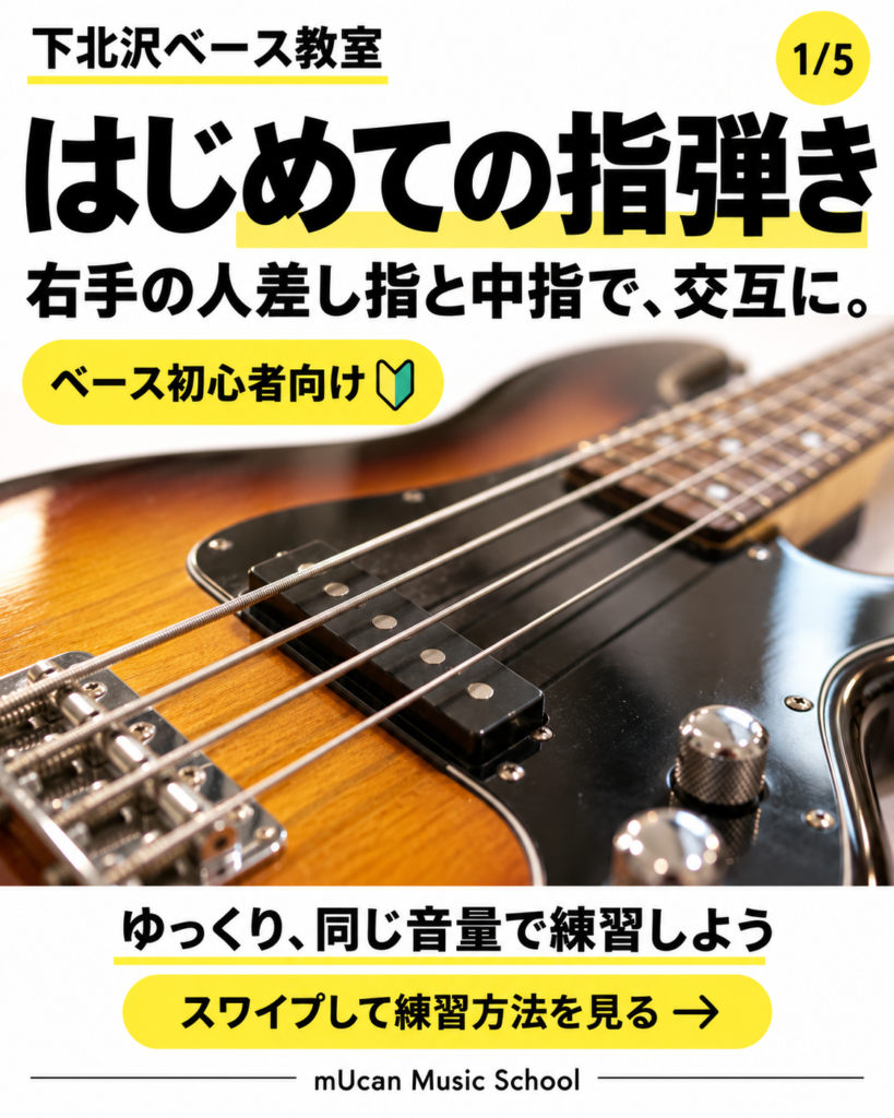  下北沢ベース教室の初心者向け右手の指弾きを紹介する表紙画像 |