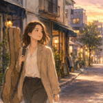 仕事帰りにギターケースを背負って下北沢の街を笑顔で歩く、大人の女性のイラスト