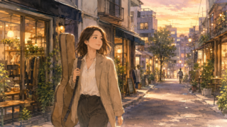 仕事帰りにギターケースを背負って下北沢の街を笑顔で歩く、大人の女性のイラスト