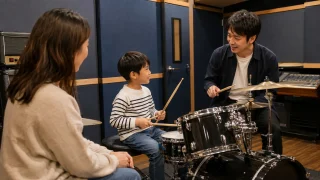 千歳烏山で7歳の子どもがマンツーマンドラムレッスンを受ける様子