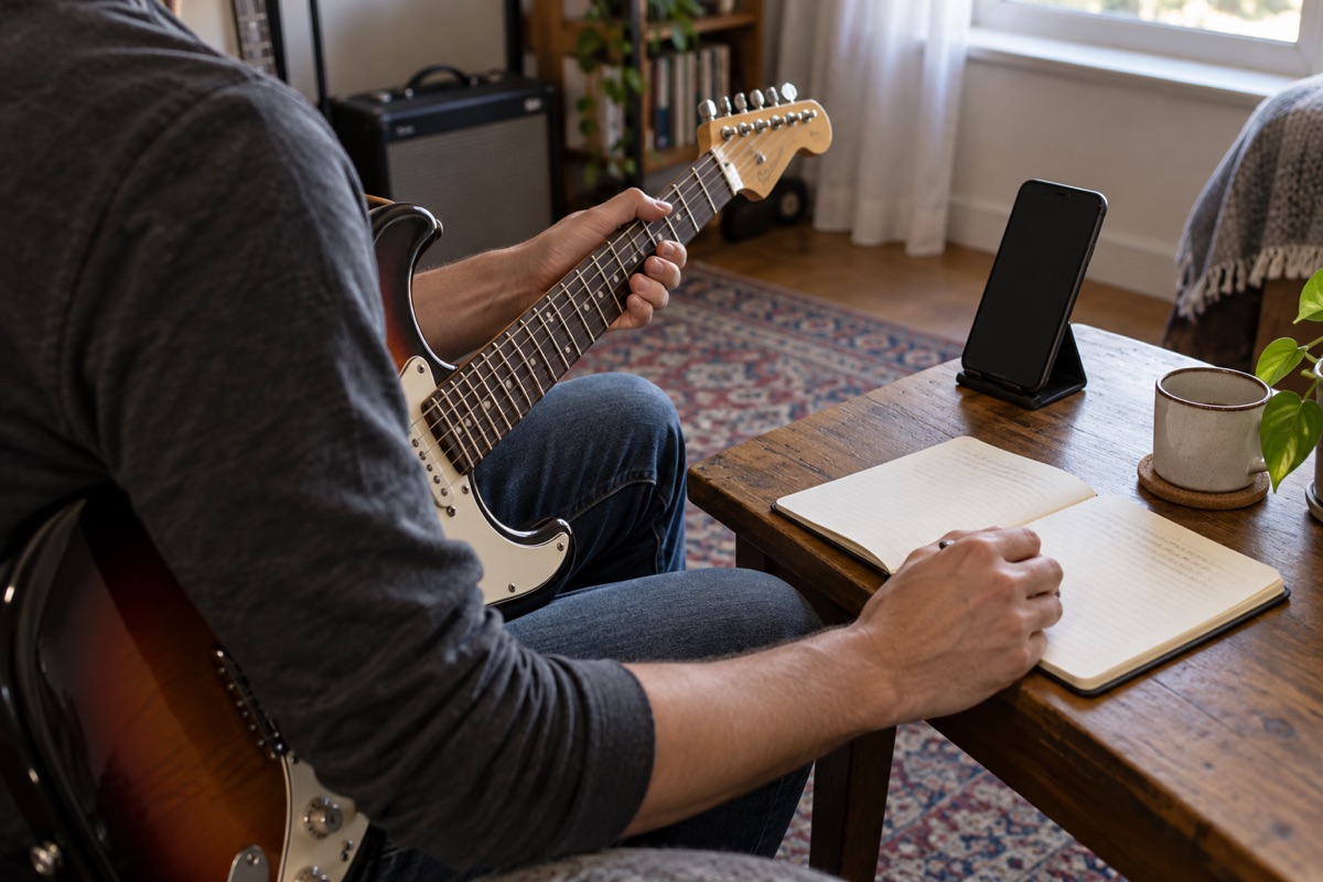 初台ギター教室の練習解説：ギターとスマートフォンをそばに置き練習ノートを確認する場面