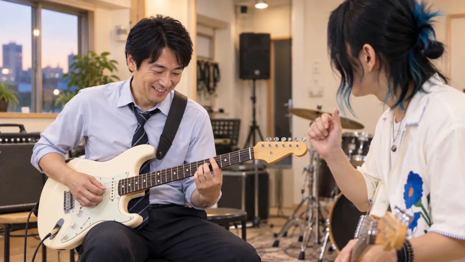 エレキギターを弾きながらレッスンを受けるスーツ姿の男性