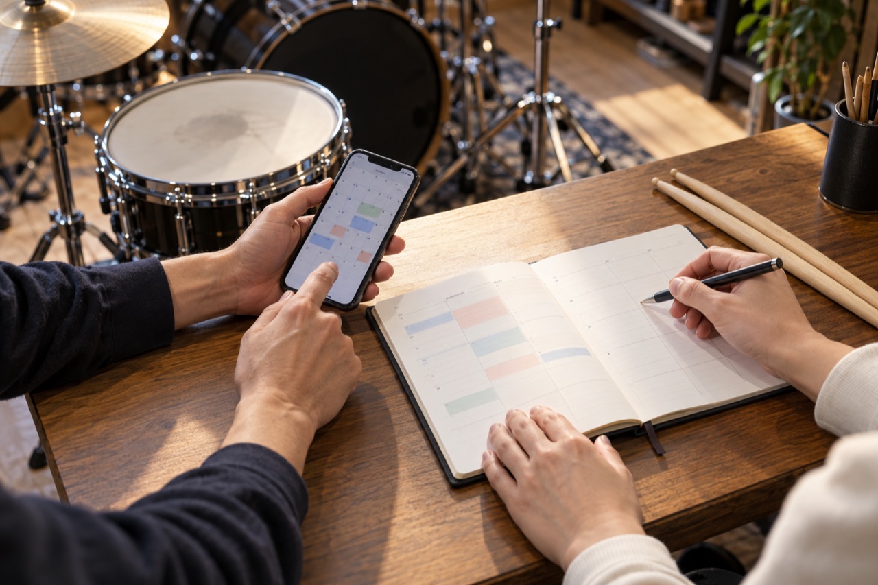 西荻窪ドラム教室：スマートフォンと手帳でレッスン日時を相談する手元（AI生成イメージ）